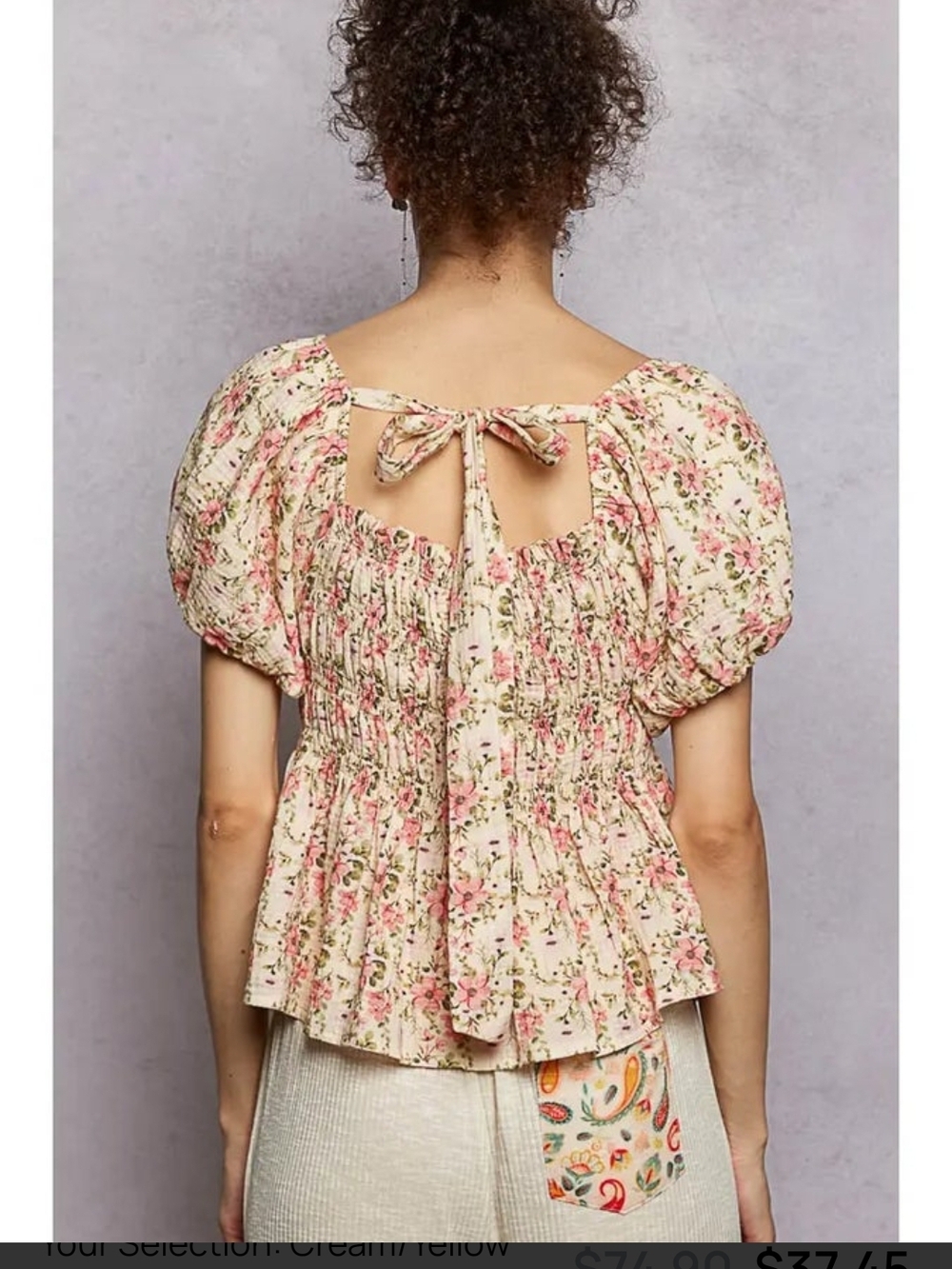 NEW!!! POL Red & Cream Floral Smocked Puff-Sleeve Blouse, Sz Medium, NWT